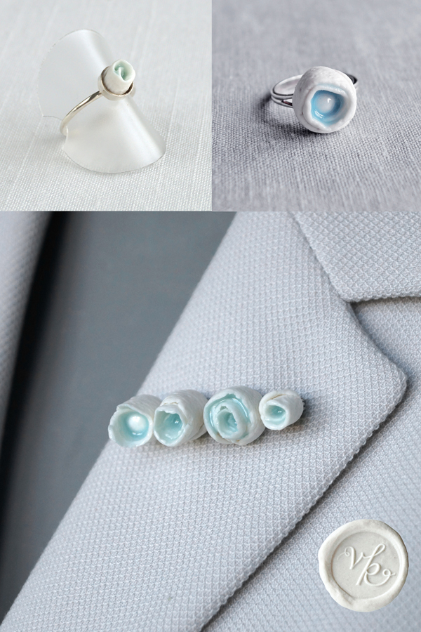 Linen rings and brooch porcelain jewellery VanillaKiln