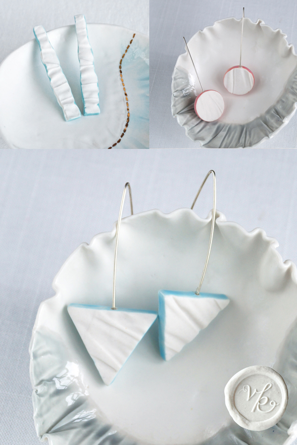 Ruched earrings with silver porcelain jewellery VanillaKiln