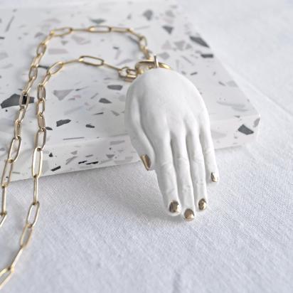 Porcelain HAND necklace, gold paper clip toggle chain