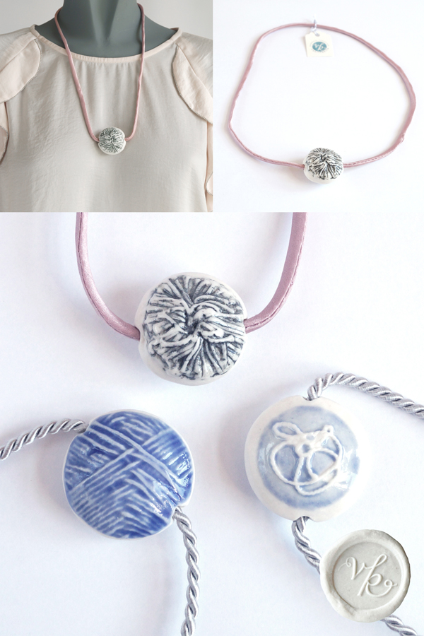 Round focal porcelain beads textile cords jewellery VanillaKiln