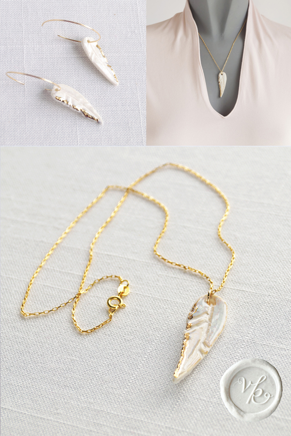 Mottled white feathers with gold porcelain jewellery VanillaKiln