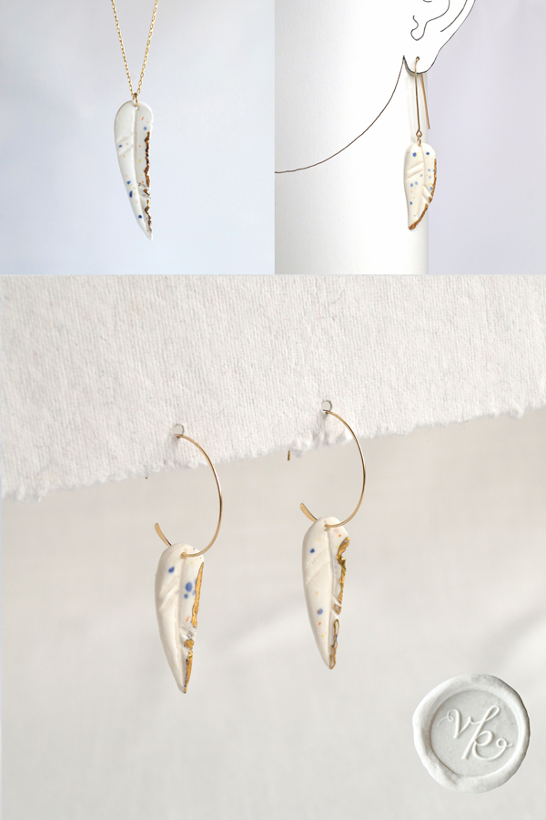 Speckled white feathers with gold porcelain jewellery VanillaKiln