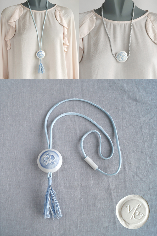 Thread focal porcelain beads textile cords jewellery VanillaKiln