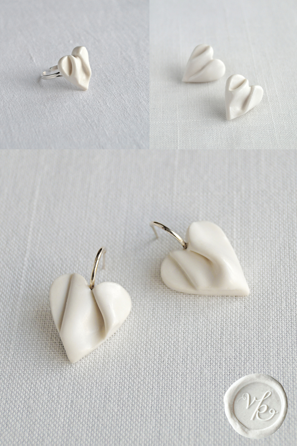 White draped heart earrings porcelain jewellery VanillaKiln