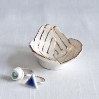 OFFERING hands, ceramic bowl, white porcelain, white, gold lustre ware, Vanillakiln, uk, crystal storage, begging bowl, minia