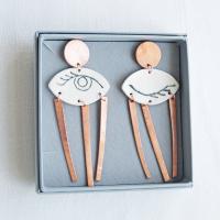 WINK, statement earrings, winking eye earrings, white porcelain, copper earrings, 7th anniversary gift, rose gold earrings, V