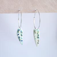 Silver hoop earrings, speckled blue, porcelain feather hoops, Vanillakiln, UK, danty earrings, blue earrings, something blue,