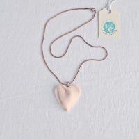 draped heart necklace, pink satin porcelain, rose gold, 304 stainless steel, snake chain, VanillaKiln, Valentines day jewelle