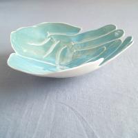 Large OFFERING hands bowl, white porcelain, turquoise aqua Vanillakiln