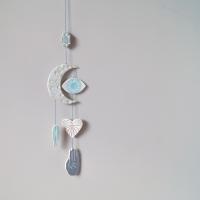 EYE LIGHT, hanging wall art, porcelain symbols, ceramic wall hanging, feather, heart, gem, hand, moon eye, Vanillakiln, UK