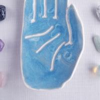 PALM, ceramic hand, ring dish, hand crystal dish, white porcelain, hand, turquoise blue, candle holder, Vanillakiln, UK, palm