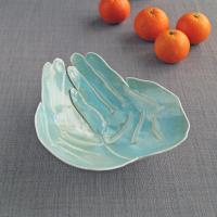 Large OFFERING hands bowl, white porcelain, turquoise aqua Vanillakiln