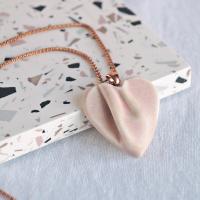 draped heart necklace, pink heart necklace, pink satin, porcelain, rose gold, stainless steel, snake chain, 925 sterling silv
