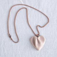 draped heart necklace, pink heart necklace, pink satin, porcelain, rose gold, stainless steel, snake chain, 925 sterling silv