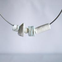LINEN bead necklace, modern necklace, white porcelain beads, celadon blue glaze, 925 sterling silver, snake chain, omega neck