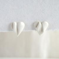 draped hearts, bride earrings, white satin porcelain, white heart earrings, sterling silver pins, VanillaKiln, UK, 18th weddi