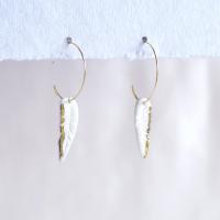 gold fill hoop earrings, gold hoops, white porcelain feathers, gold lustre, VanillaKiln, feather hoop earrings, beaded hoop e
