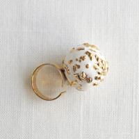 GLITTER ball cocktail ring, white porcelain, gold, encrusted ball earrings, random gold details, gold band, open ended band, asymmetric ring, size M, size N, adjustable cocktail ring, Hand made porcelain ring, shiny white glaze, 24 carat gold, gold plated stainless steel band, diameter 18 mm, tapers from 5 mm to 15 mm width,  adjustable band, UK band size M, UK band size N, fits larger sized fingers, VanillaKiln branded ring box,