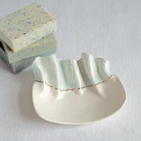 RUCHED No5, white porcelain, rectangular bowl, porcelain bowl, art bowl, ceramic bowl, blue, white, gold lustre, VanillaKiln,