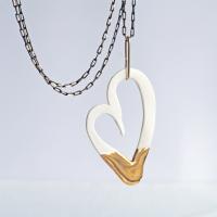 Gold dipped, porcelain heart necklace, long contemporary necklace, freeform heart, open heart pendant, gold paperclip, gold a