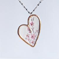EMBROIDERY heart necklace, pink porcelain gold, choose size and chain