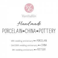 VanillaKiln hand made china porcelain pottery, good for a 2nd, 9th, 18th, 20th anniversary.