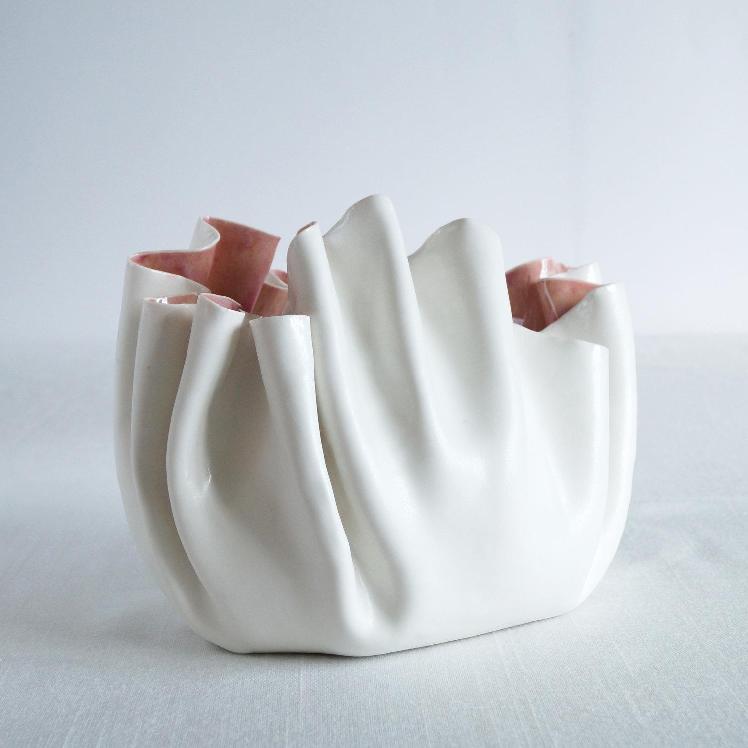 RUFFLED No8 white porcelain freeform bowl soft red glaze Vanillakiln