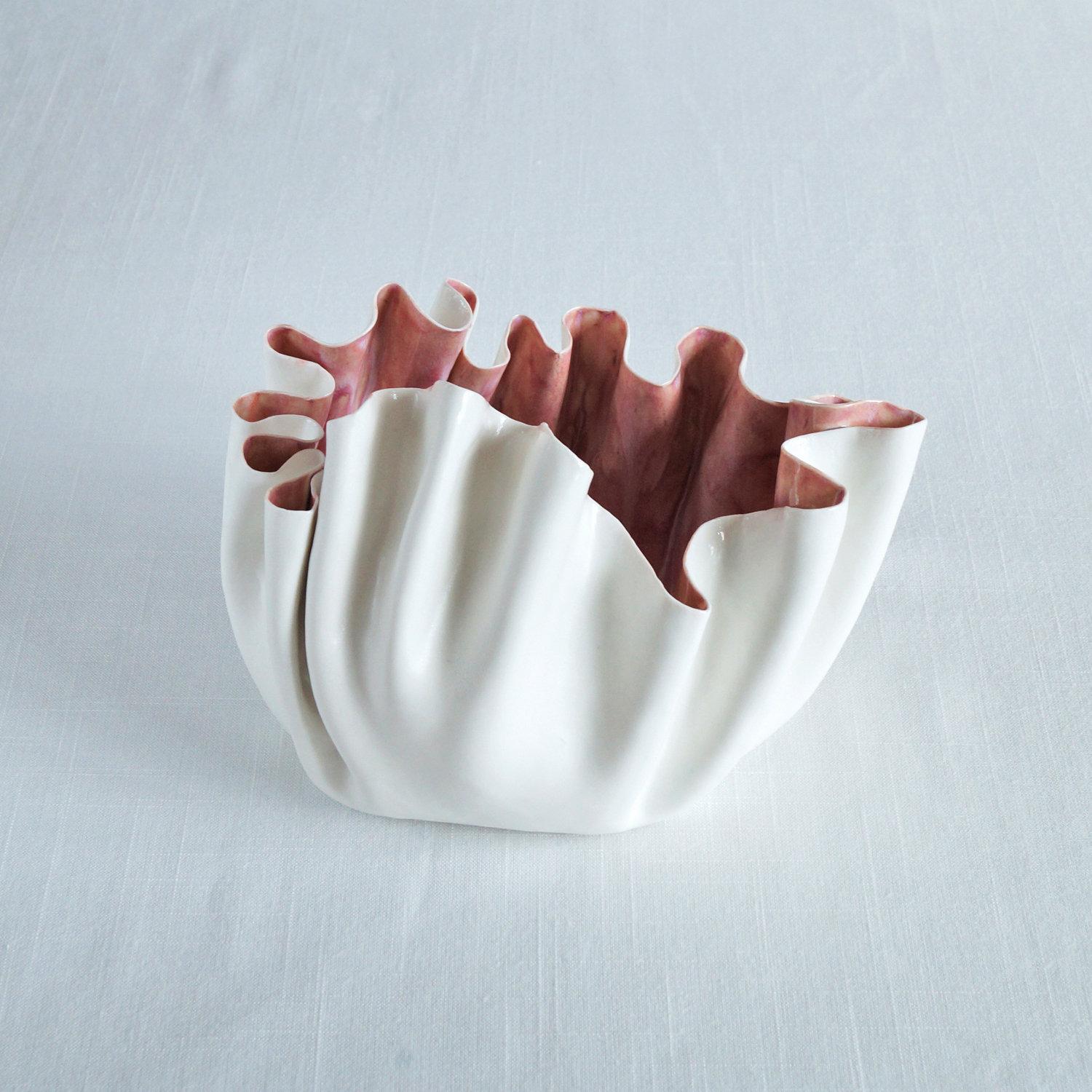 RUFFLED No8, white porcelain bowl, artisan bowl, artistic bowl, freeform bowl, statement bowl, shelf piece, focal point, soft