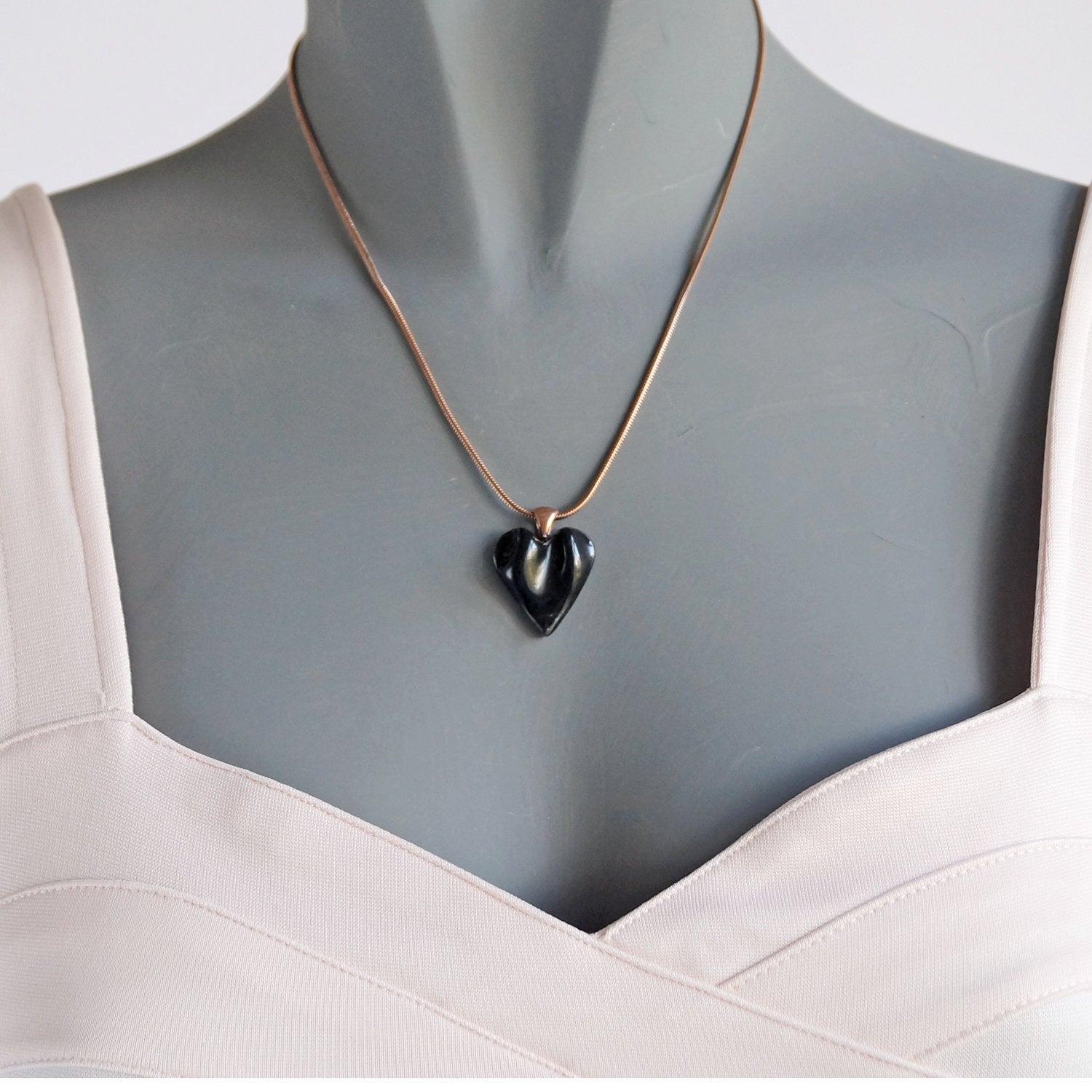draped black heart necklace, stainless steel, 11th anniversary, 18th anniversary, rose gold snake chain, VanillaKiln,