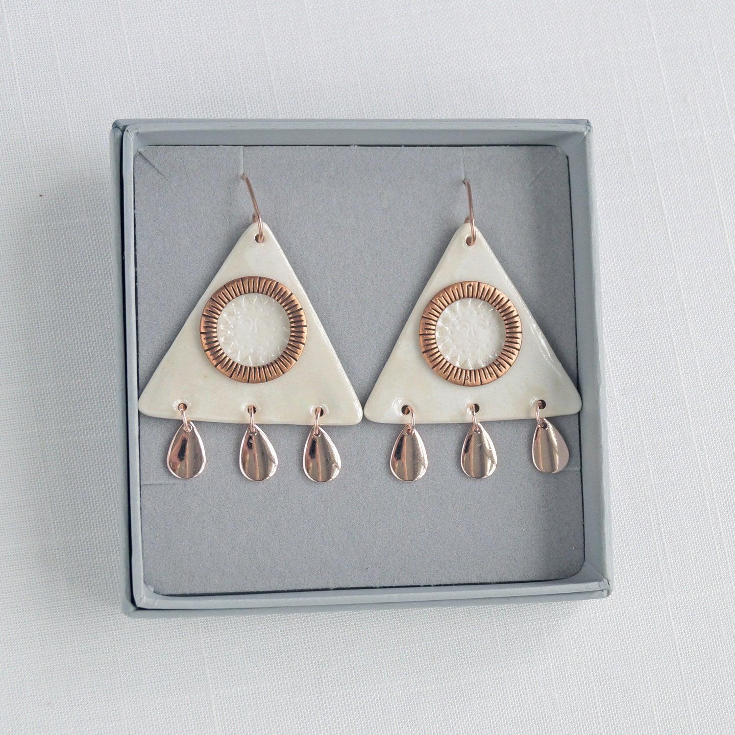 Sun & rain, triangle, rain drops, porcelain earrings, copper jewellery, 7th anniversary gift, rose gold vermeil, 925 sterling