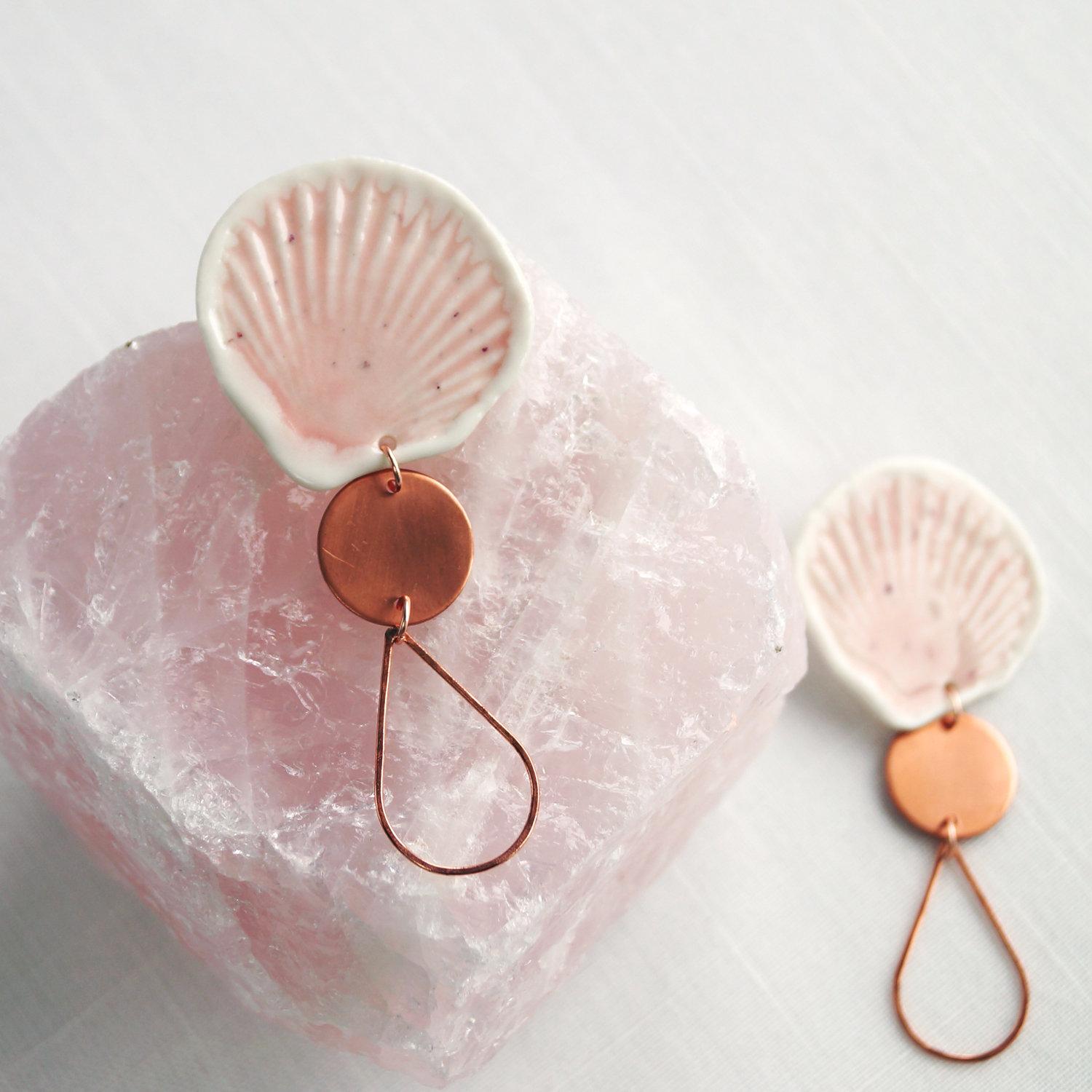 Pink porcelain shells, copper earrings, 925 sterling silver, copper gift, 7th anniversary gift, 7th anniversary, 22nd anniver