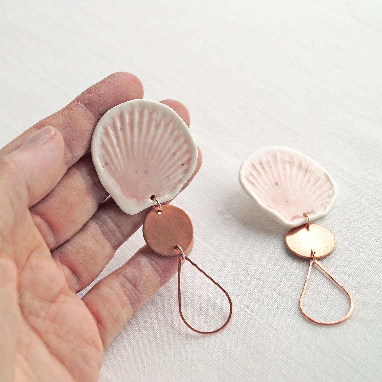 Pink porcelain shells, copper earrings, 925 sterling silver, copper gift, 7th anniversary gift, 7th anniversary, 22nd anniver