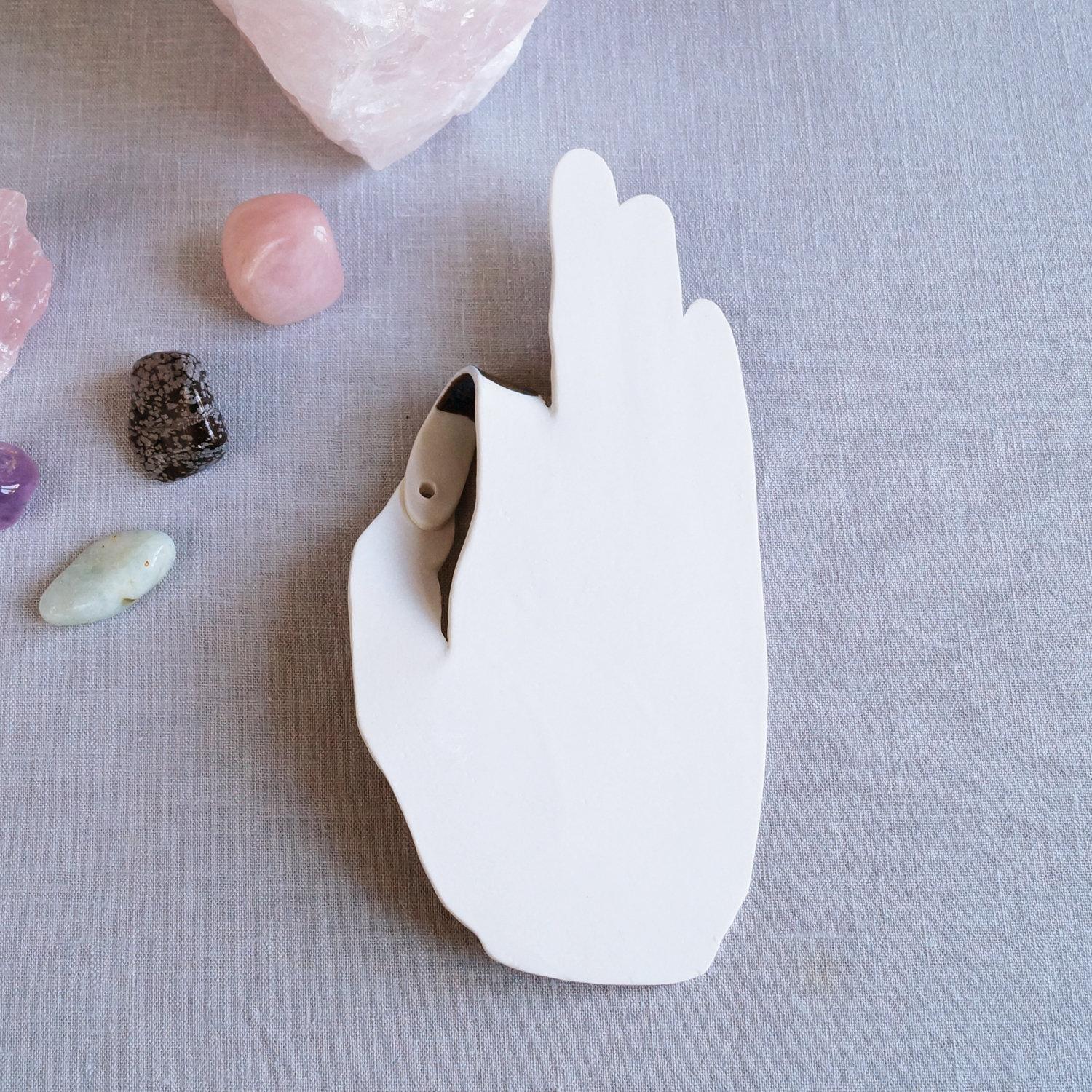 MUDRA porcelain ceramic hand incense holder, acai matt, Vanillakiln