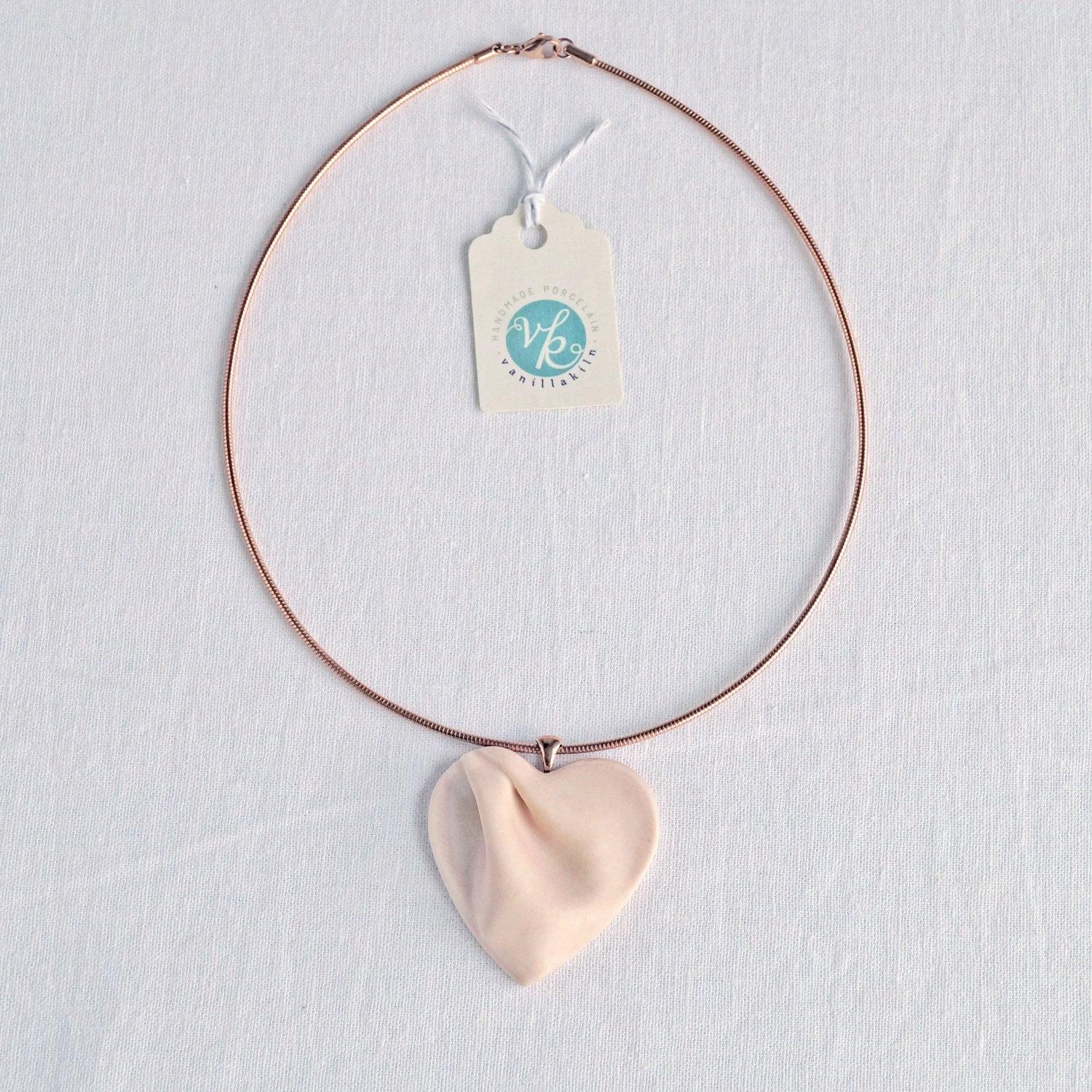Large pink porcelain heart necklace rose gold omega necklet VanillaKiln