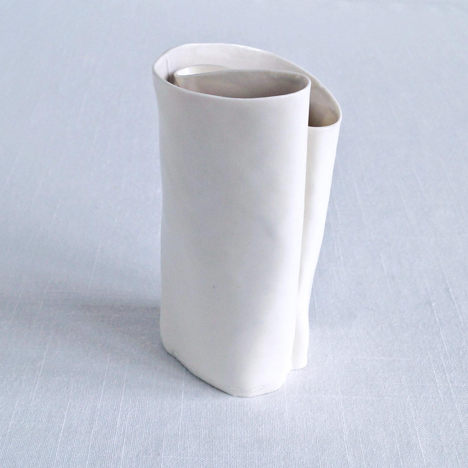 UNFOLDING No6 white freeform porcelain vase, grey glaze, Vanillakiln