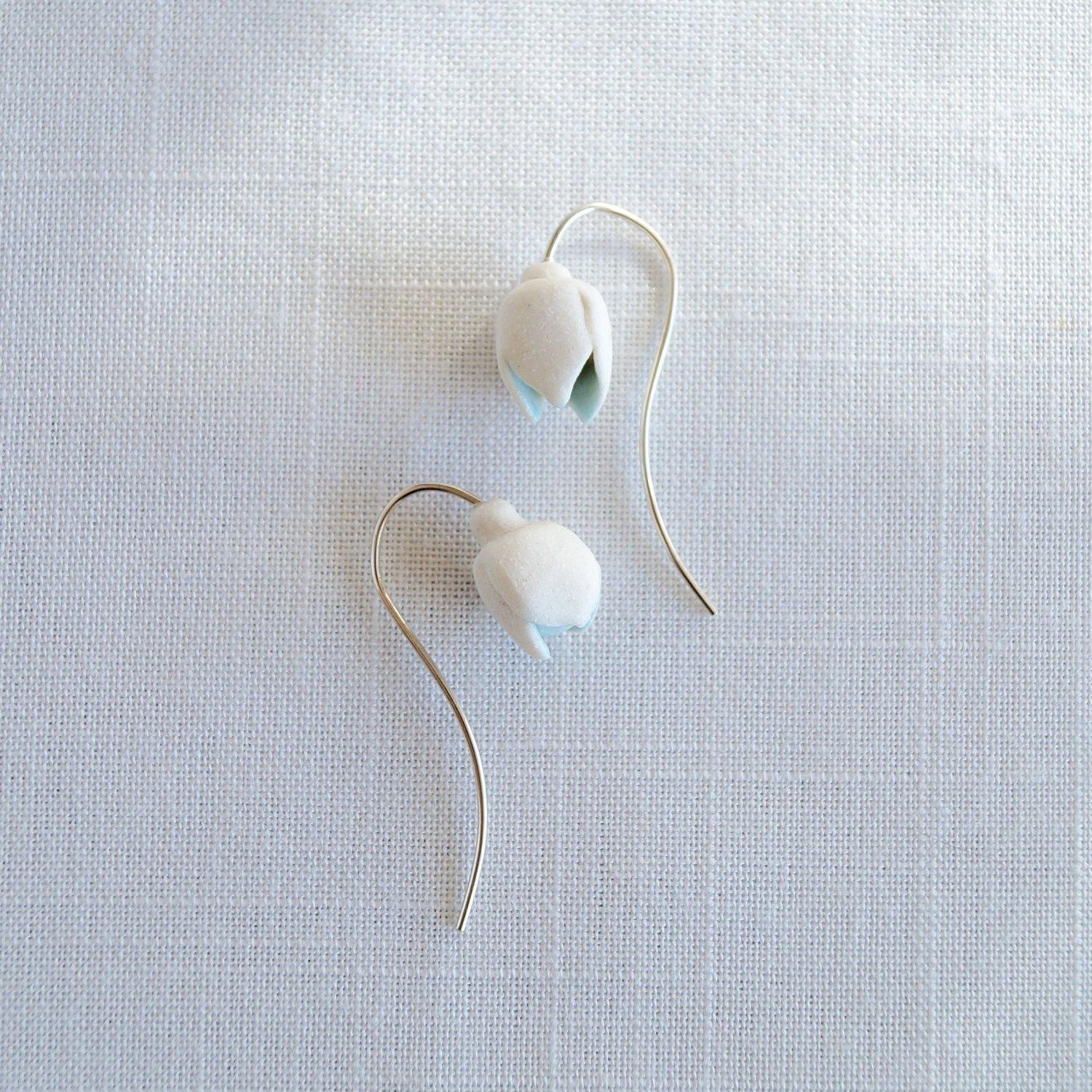 Porcelain snowdrops, snowdrop earrings, 925 sterling silver, hand crafted, ear wires, Vanillakiln, winter bride, winter birth