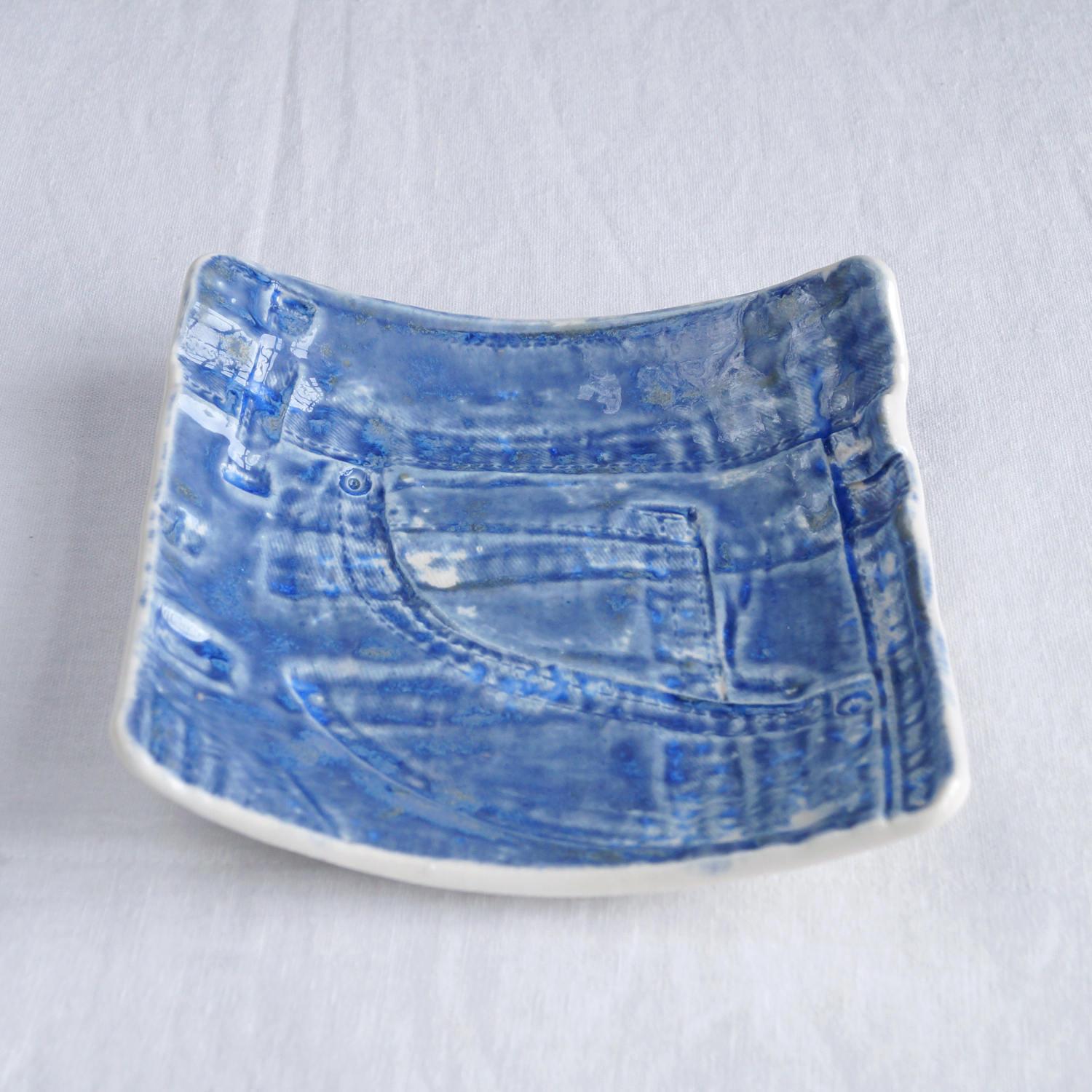 JEANS bowl, ceramic coin bowl, white porcelain, blue denim, Vanillakiln, UK, ceramic man bowl, square ceramic bowl, 