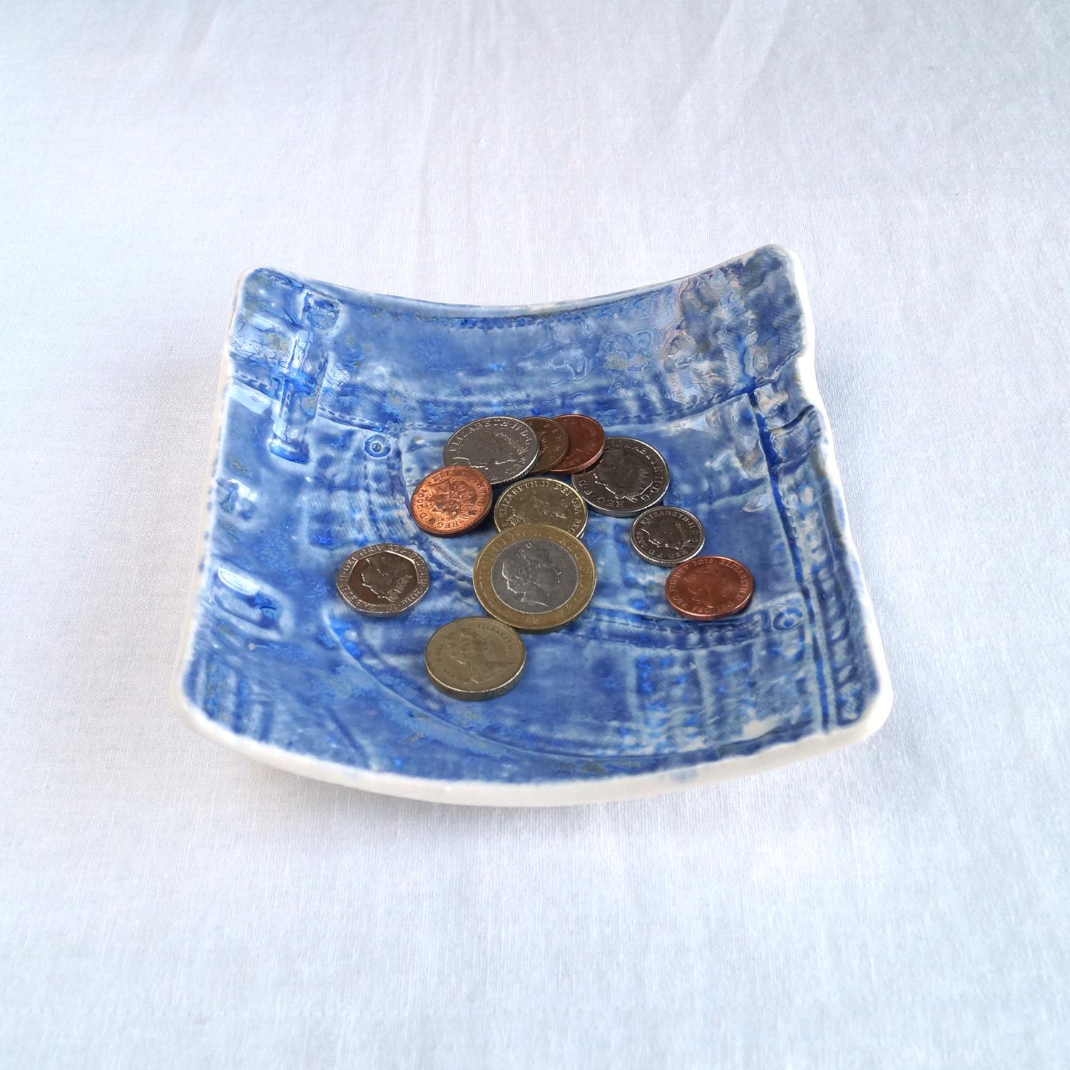 JEANS bowl, ceramic coin bowl, white porcelain, blue denim, Vanillakiln, UK, ceramic man bowl, square ceramic bowl, 