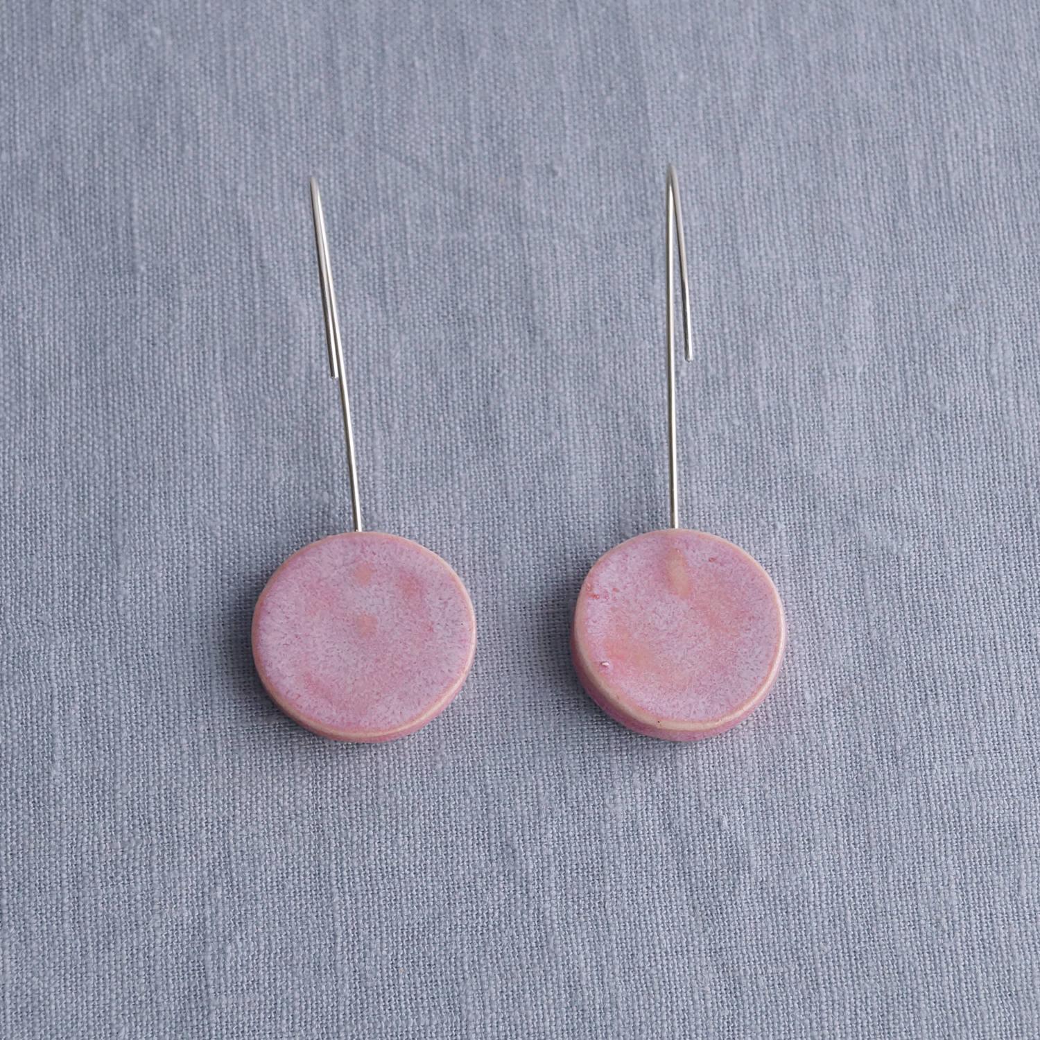 RUCHED circle earrings, porcelain earrings, satin texture, pink glaze, 925 sterling silver, ear wires, Vanillakiln, statement