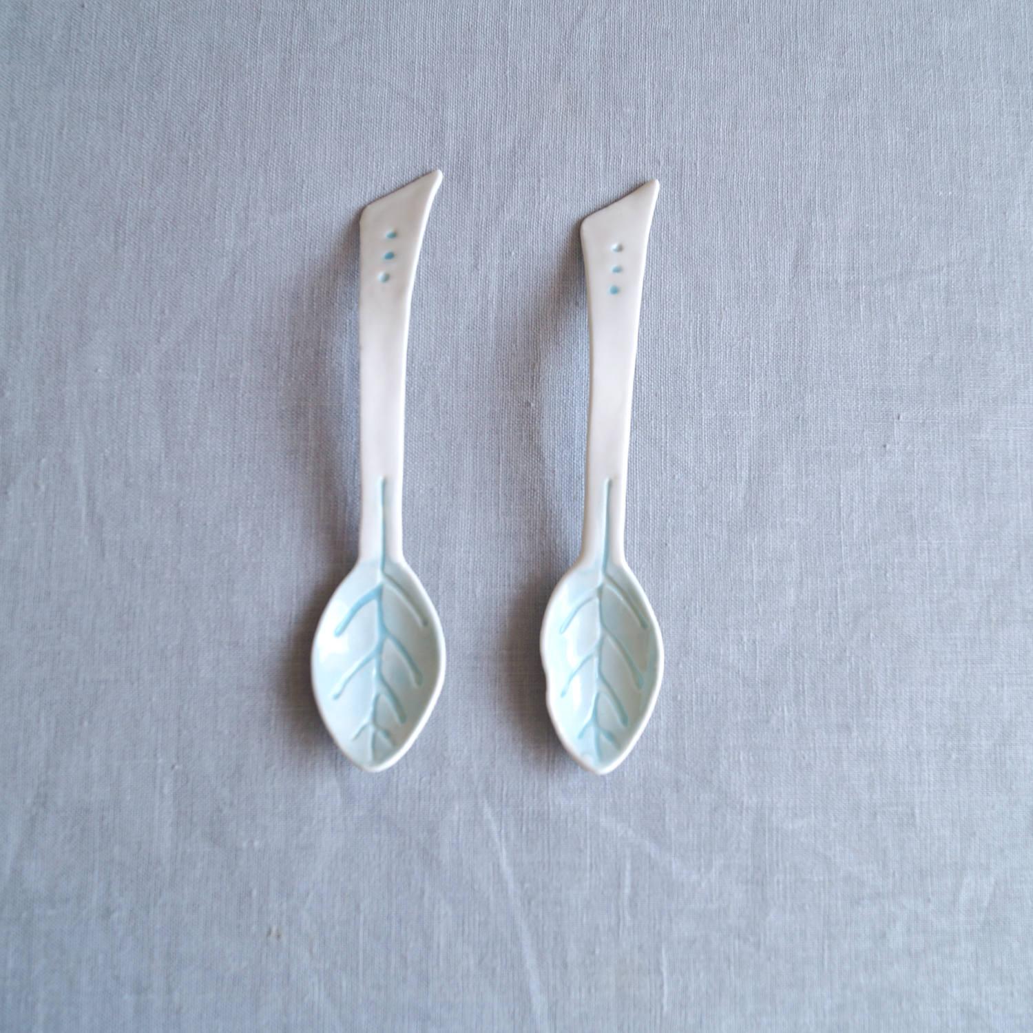 Ceramic, LEAF, collectable spoon, white porcelain, celadon blue, Vanillakiln, UK, leaf texture, blue white, ceramic spoon,