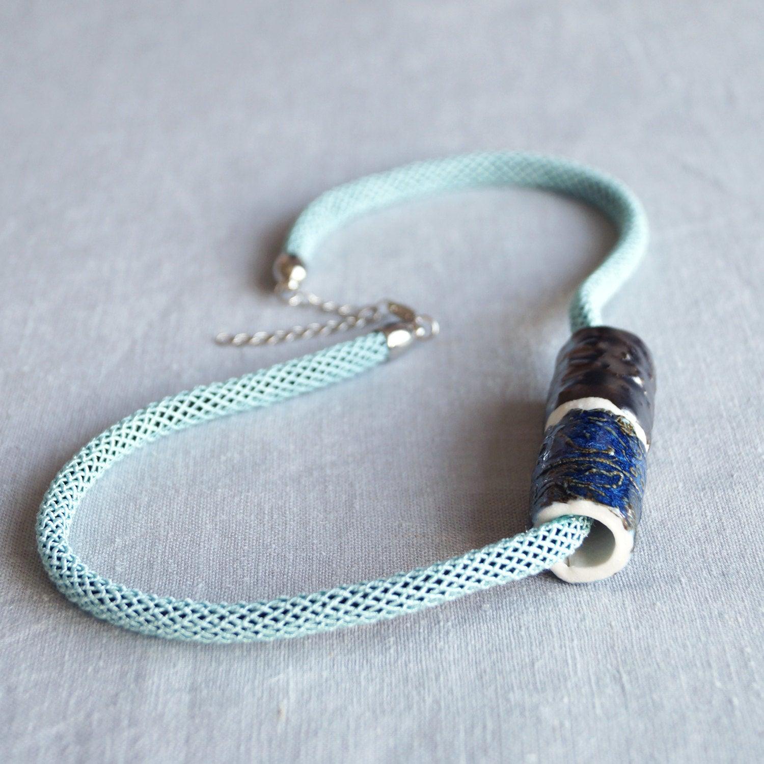 LACE bead necklace, white porcelain, rope necklace, midnight blue, aqua, glaze, silk braided rope, Vanillakiln, Mothers Day,