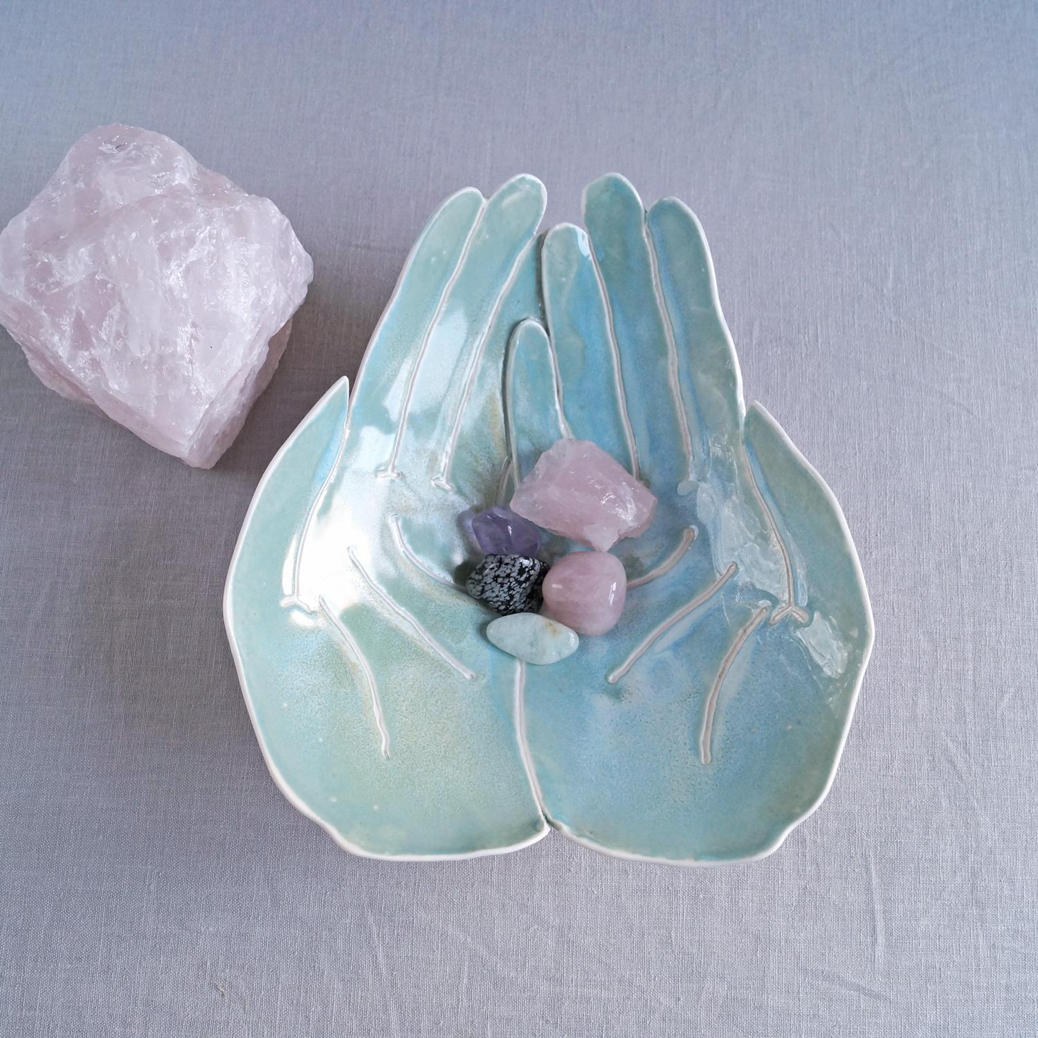 OFFERING hands, ceramic fruit bowl, white porcelain, aqua Vanillakiln, uk, crystal storage, offering bowl, porcelain hands bo