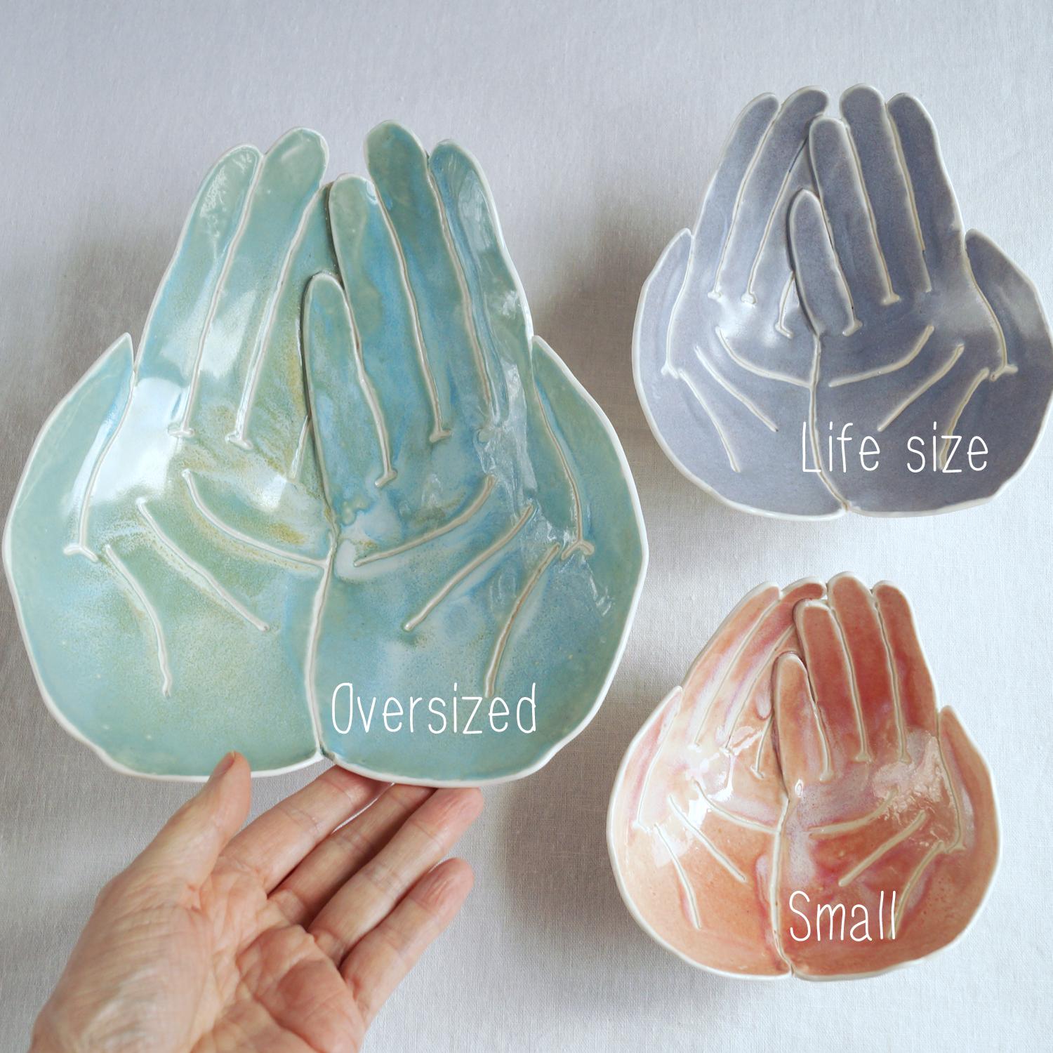 Large OFFERING hands bowl, white porcelain, blue brown, Vanillakiln