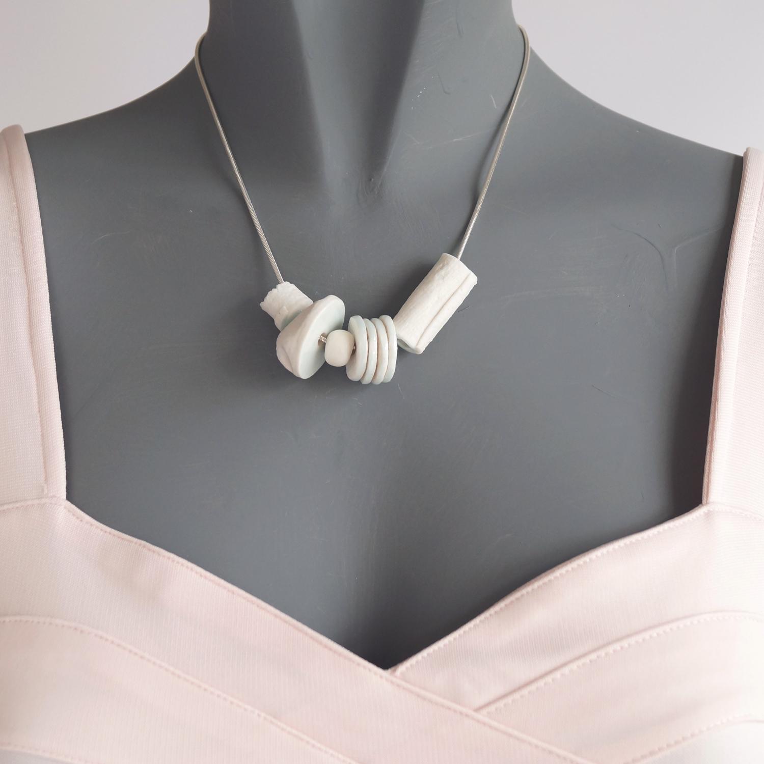 LINEN bead necklace, artisan necklace, white porcelain beads, celadon blue glaze, 925 sterling silver, snake chain, Vanillaki
