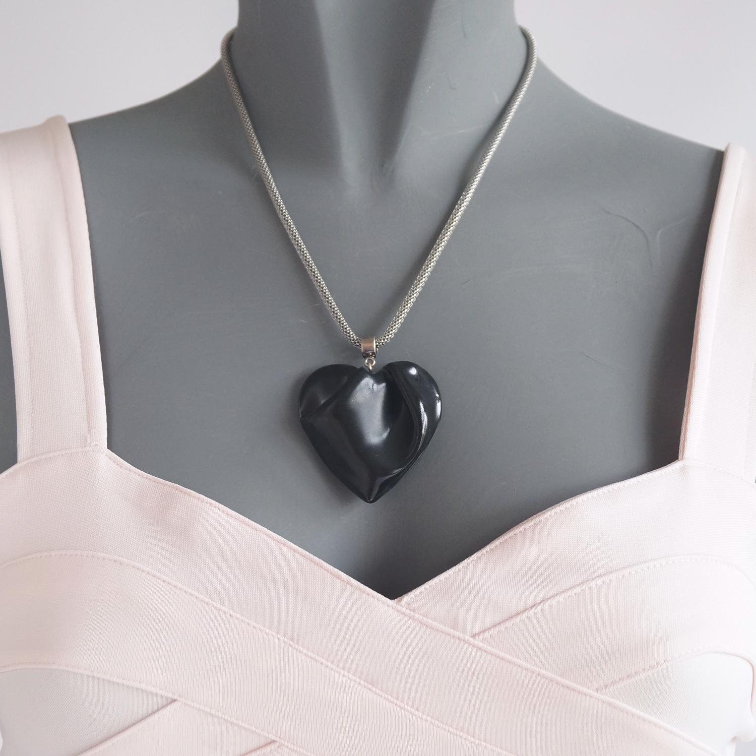 DRAPED heart necklace, large black porcelain, stainless steel chain