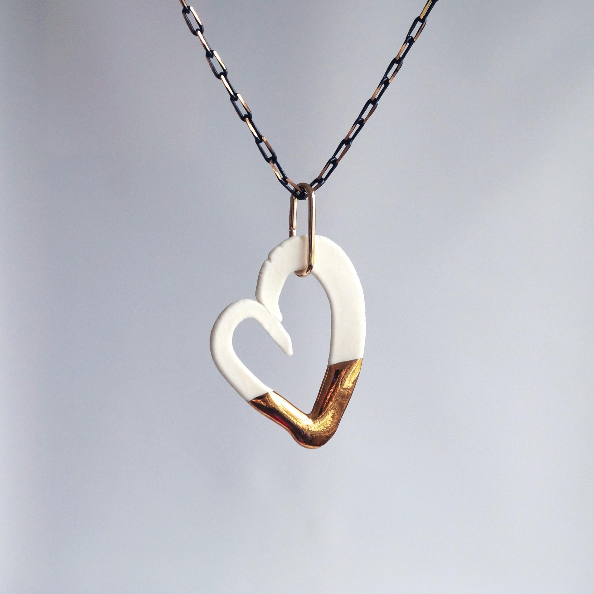 Gold dipped HEART necklace, porcelain heart necklace, 24 k gold lustre, long contemporary necklace, freeform heart, open hear