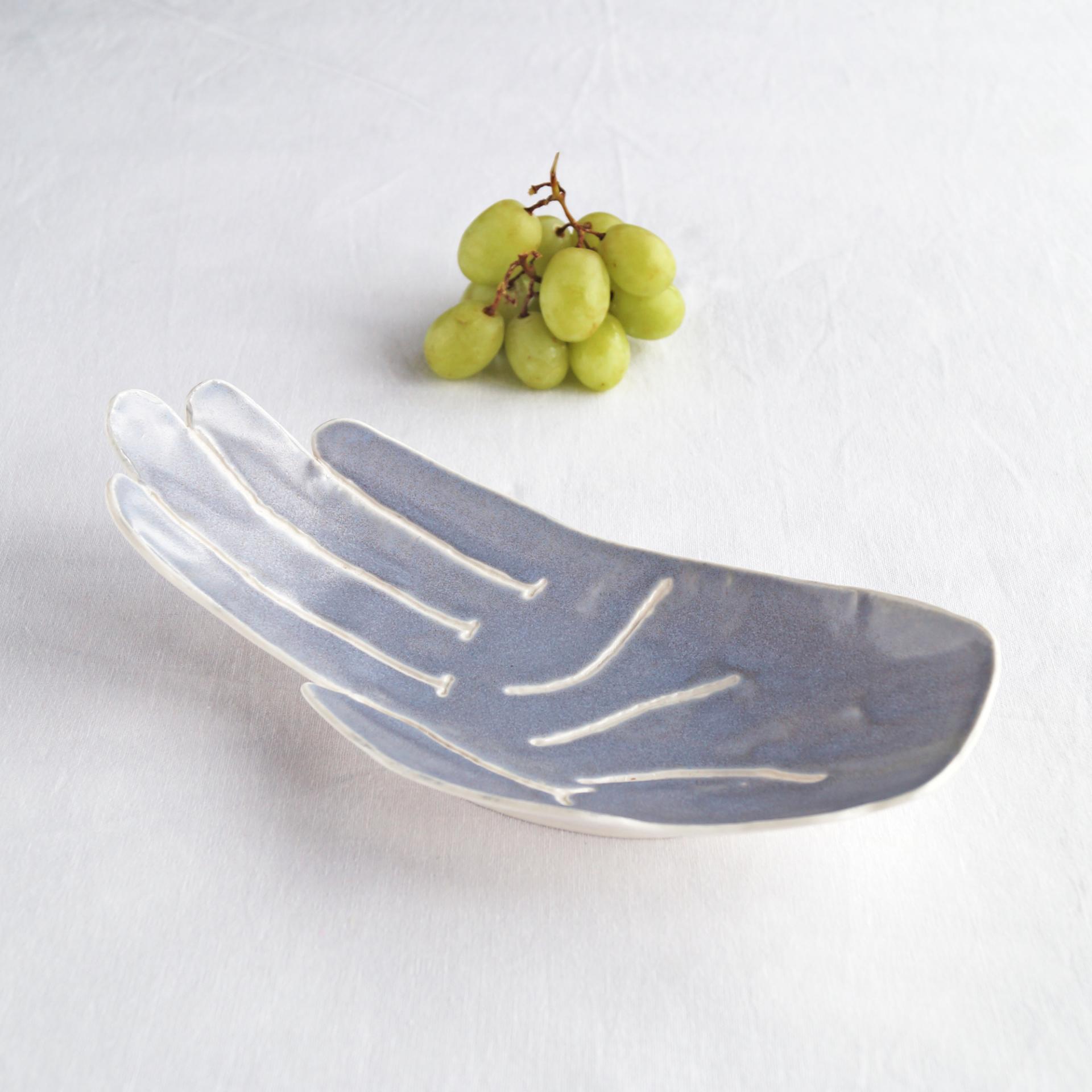 PALM, ceramic hand, crystal bowl, fruit bowl, white porcelain, grey blue, Vanillakiln, decorative bowl, UK, large hand, ceram