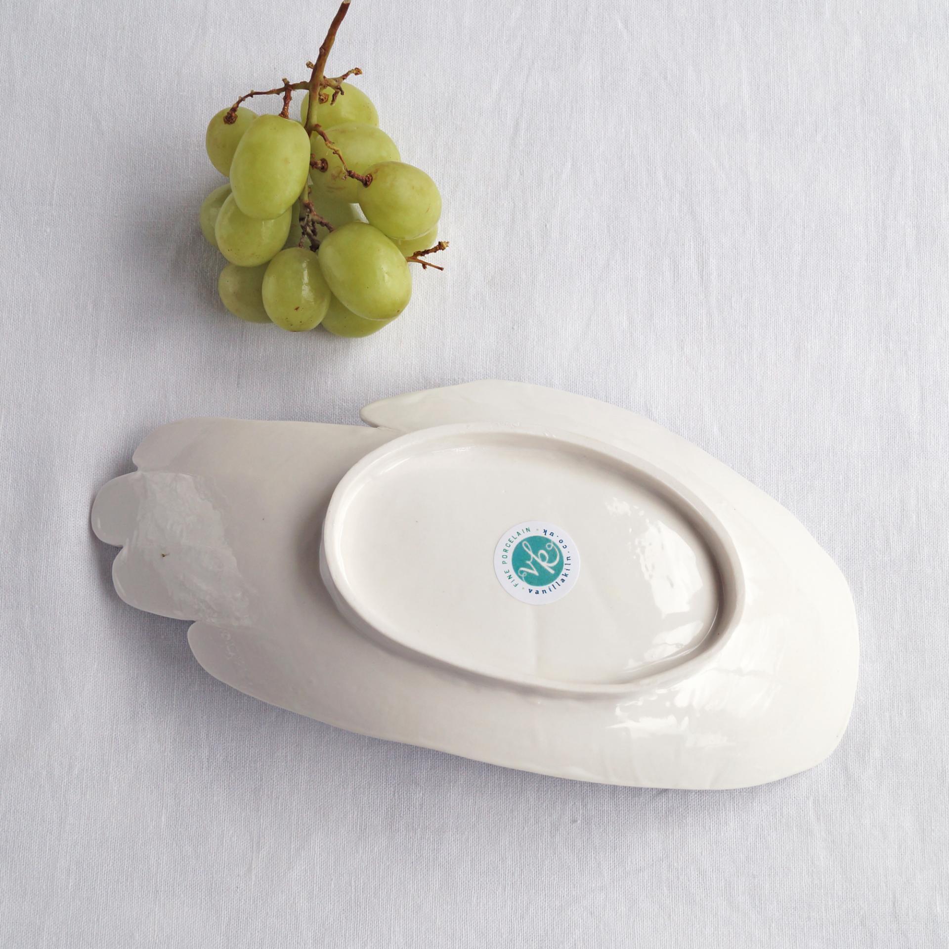 PALM, ceramic hand, crystal bowl, fruit bowl, white porcelain, grey blue, Vanillakiln, decorative bowl, UK, large hand, ceram
