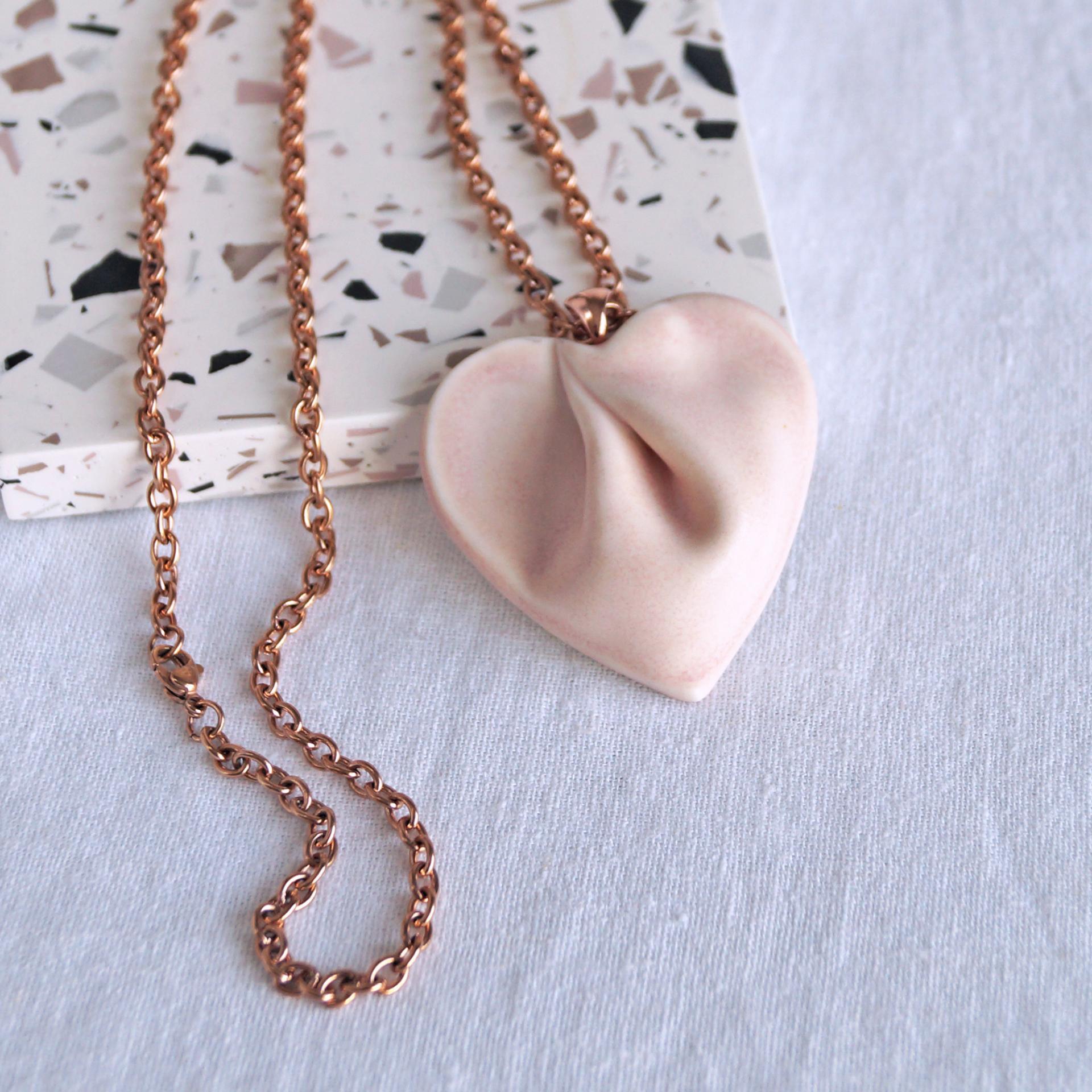 Large pink porcelain DRAPED heart necklace, rose gold chain, 304