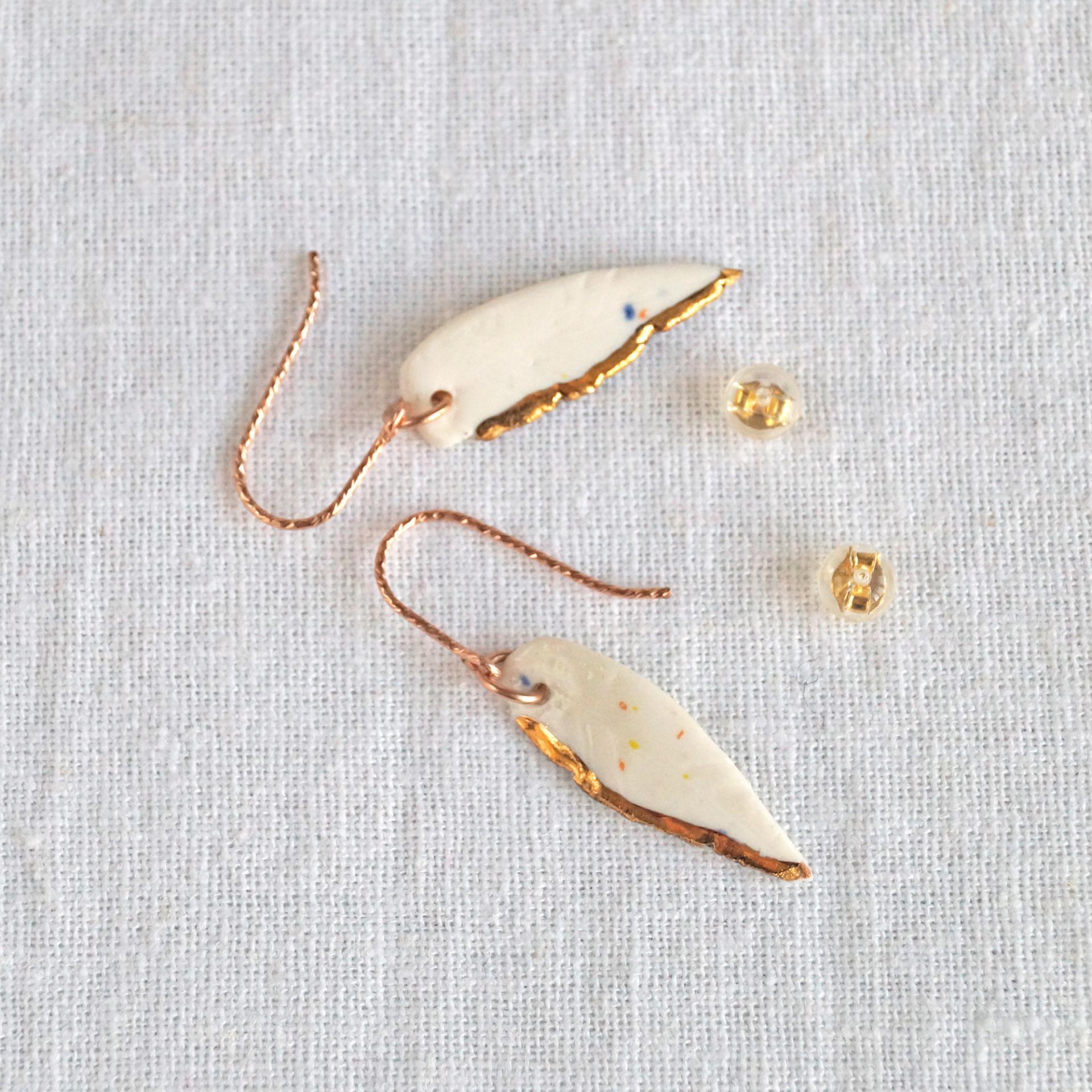 White porcelain, feather earrings, tiny feather earrings, white gold, pink copper, ceramic earrings, 1st anniversary, 18th an